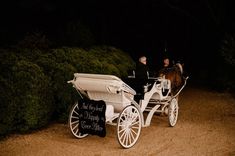 a white horse drawn carriage on dirt road next to bushes and shrubbery at night