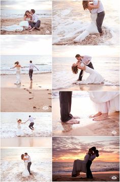 a couple kissing on the beach at sunset