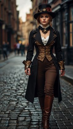 Au cœur d'une métropole steampunk animée, tandis que le jour laisse place au crépuscule, un groupe d'aventuriers intrépides émerge sur les rues pavées. Chaque membre de la troupe est une vision d'élégance victorienne et d'ingéniosité mécanique. Au premier plan Steampunk Women Outfits, Steampunk Outfits Women Victorian, Steampunk Vest Women, Steampunk Woman Outfit, Steampunk Time Traveler Outfit, Steampunk Costumes Women, Gothic Steampunk Outfits