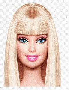 a barbie doll with long blonde hair and pink lipstick on it's face, looking straight ahead