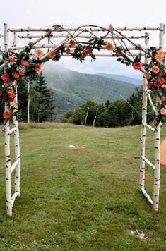 an arch made out of branches with flowers and leaves on the top is shown in front of a grassy field