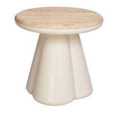 a small white table with a wooden top on a white background for use as a decoration