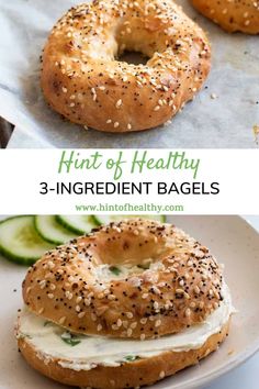 two bagels with cream cheese and sesame seeds on them are shown in three different images