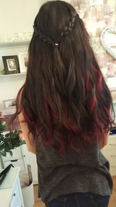 Dark Brown Hair With Red Extensions, Brown Hair With Red Peekaboos, Red Highlights On Black Hair, Pink Hair Streaks, Dip Dye Hair