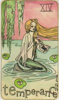 a tarot card with a woman sitting in the water