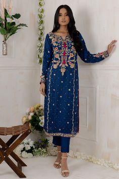 This item is available in our store. Buy the best selling Pakistani designer outfits for women online from our store at exclusive prices. Our collection includes the latest variety of high quality designer women's dresses including new arrivals, casual pret, luxury pret, wedding wears, formal dresses & more. Shop now. Embroidery Tassels, Dabka Work, Eid Outfits, Navy Blue Shirts, Silk Dupatta