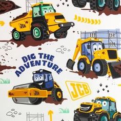 the back side of a children's wallpaper with construction vehicles on it and an image of a bulldozer