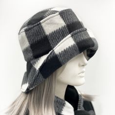 Buffalo Plaid bucket hat in black and white Adjustable Wool Brimmed Cloche Hat, Handmade Adjustable Cloche Hat, Winter Cloche Hat With Flat Brim, One Size, Handmade Casual Cloche Hat, One Size, Adjustable Vintage Cloche Hat, Cute Buffalo, Cute Bucket Hat, Fleece Hat Pattern, Bespoke Hats