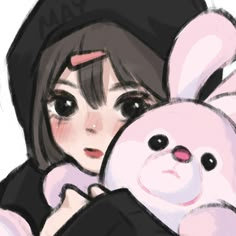 a drawing of a girl holding a pink teddy bear in her arms and looking at the camera