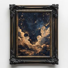 a painting hanging on the wall with clouds and stars