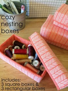 the sewing box is filled with thread and spools for storage or tote bags