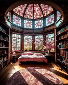 a bed sitting under a large window next to a bookshelf filled with lots of books