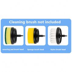 three different types of brush heads with the words cleaning brush not included on each side