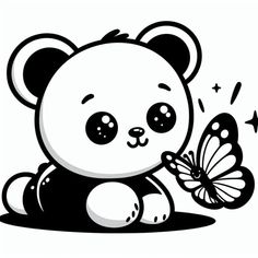 a black and white panda bear holding a butterfly