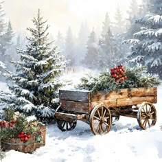 a painting of a wooden wagon with christmas trees in the background and snow on the ground