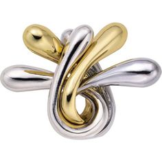 a gold and silver ring with two intertwined rings on the front, one in the middle