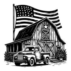 an old truck parked in front of a barn with an american flag on the roof