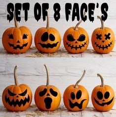 pumpkins with faces carved into them sitting in front of a white wooden wall and the words set of 8 faces