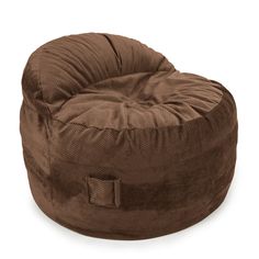 a brown bean bag chair sitting on top of a white floor