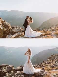 a bride and groom standing on top of a mountain