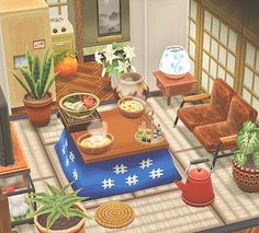 a living room filled with furniture and potted plants