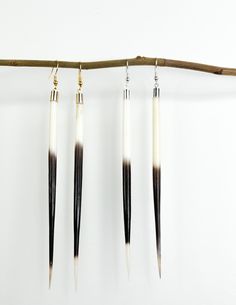 These Porcupine Quill Earrings were ethically sourced through roadkill. **EACH QUILL WITH VARY IN SIZE AND COLOR** The earring backings are nickel free and hypoallergenic. The tips of the porcupine quills have been filed down to not be as sharp. Porcupine Jewelry, Beaded Earrings With Porcupine Quills, How To Clean Porcupine Quills, Quill Earrings Porcupine, Porcupine Quill Jewelry, Porcupine Quills, Gold And Silver, Silver Earrings, Jewelry Earrings Dangle