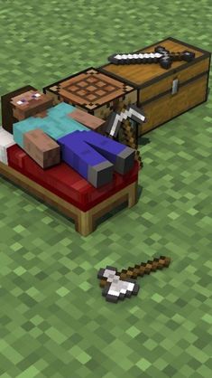 an image of a bed in the middle of a minecraft room with tools on it