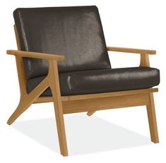 a wooden chair with black leather upholstered on the back and armrests