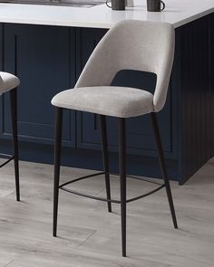 two gray chairs sitting on top of a kitchen counter