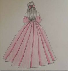 a drawing of a girl in a pink dress with a bow on her head and long hair