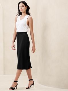 Sculpted Midi Pencil Skirt | Banana Republic Factory Modern Relaxed Skirt For Work, Sleek Stretch Pencil Skirt For Spring, Modern Midi Skirt For Workwear, Sleek Fitted Midi Skirt, Sleek Knee-length Spring Bottoms, Flattering Fitted Pencil Skirt For Workwear, Modern Fitted Knee-length Bottoms, Sleek Summer Skirt For Workwear, Sleek Knee-length Bottoms For Business Casual