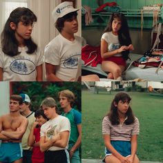 the young people are posing for pictures in their bathing suits and hats, while one boy is sitting on his knees