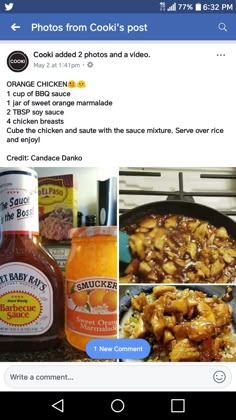 an image of food and drinks on the facebook page, with caption that reads orange bbq sauce