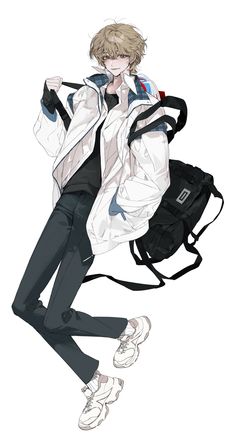 an anime character with a backpack on his back and shoes in the other hand,