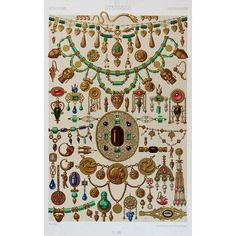 Antique 1880's French color lithograph of Etruscan jewelry.  In green and metallic gold.  Published by Firmin Didot, Paris France. Unframed, age toning. Etruscan Architecture, Grecian Jewelry, Hand With Ring, Etruscan Art, Jewelry History, Firmin Didot, Etruscan Jewelry, Enamel Rings, Ancient Jewels