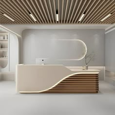 a white reception area with wooden slats