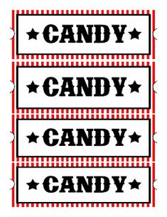 three red and black candy labels with the words candy, candy, and candy on them