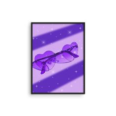 a pair of purple heart shaped sunglasses sitting on top of a purple and white background