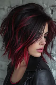 #HairStyles #HairCuts #HairstylesForMediumLengthHair #Hair #HairColorIdeas #HairstylesForShortHair #HairColorIdeasForBrunettes #HairstylesForLongHair #HairColor #HairIdeas #HairstylesForMen #HairAccessories #HairAesthetic #HairAndBeardStyles #HairAccessoriesForWomen #HairArt #HairAffair #HairAccessoriesCollection #HairBraids #HairBun #HairBows #HairBunTutorial Shag Layered Hairstyles Medium, Short Choppy Hairstyle Women Fine Hair, High Contrast Hair Color Dark, Black Cherry Short Hair, Bob Hair Color 2024, Dark Hair With Pop Of Color, Short Colored Hair, Red And Purple Hair, Red Black Hair