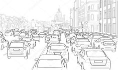 a black and white line drawing of cars driving on the road in traffic jam stock photo