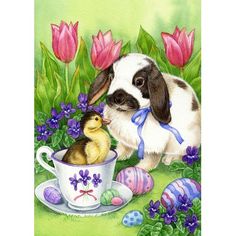 a painting of a bunny and duckling in a teacup