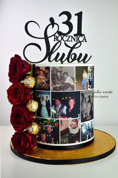 a cake decorated with photos and chocolates