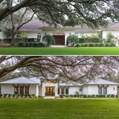 before and after photos of a white house with trees in the front yard, and on the side