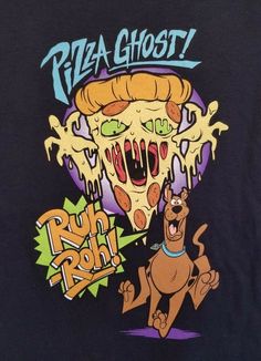 a black t - shirt with an image of pizza ghost on it's chest