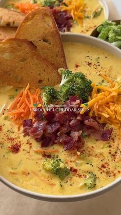 broccoli cheese soup in a bowl with bread