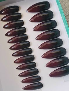 "SIZING- All nails are sold in a full set of 20 nails, with two of each size (0-9). I gladly accept customized sizing (10 nails) for 15% OFF with code \"CUSTOM\". Please include nail measurements(in millimeter, or mm, NO size number please) in NOTE TO SELLER section with custom size orders. This is because sizes of nail tips from different manufacturers might be slightly different, and I'd like to make sure my nails are a perfect fit for you. NAILS SHAPES & MEASUREMENT GUIDELINE- Please see Red Black Ombre Nails Almond, Ballerina Nails Dark, Red Nails Black Tips, Black Velvet Nails, Dark Red And Black Nails, Shadow Nails, Nails Shapes, Black To Red Ombre