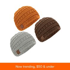 three different colored knitted hats with leather buttons on the front and back, all in various colors