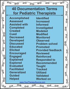 40 Documentation Terms for Pediatric Therapy | Your Therapy Source - www.YourTherapySource.com Pediatric Physical Therapy, Clinical Social Work, Recreation Therapy, Occupational Therapy Activities, Pediatric Occupational Therapy, Pediatric Therapy, School Social Work, Therapeutic Activities, Child Therapy