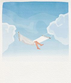 a woman laying in a hammock on top of a cloud filled blue sky