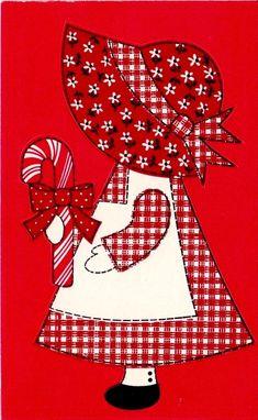 a red and white card with an image of a woman holding a candy cane